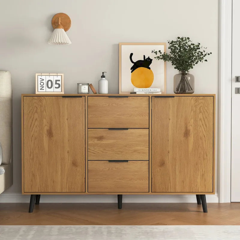 Gray & Natural Wood Sideboard Buffet Cabinet with 3 Drawers and 2 Doors