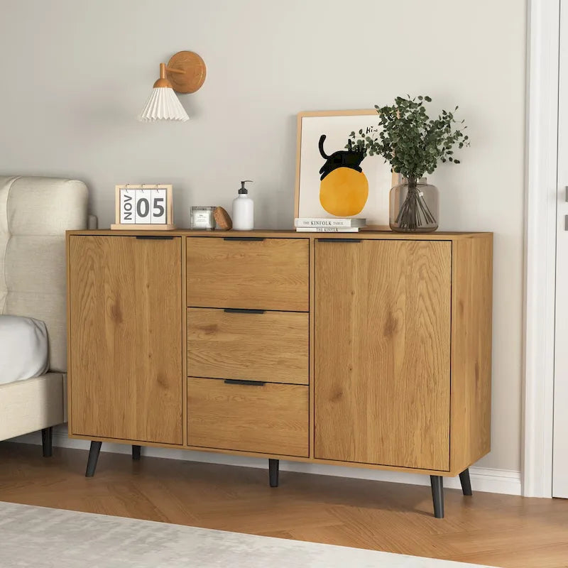 Gray & Natural Wood Sideboard Buffet Cabinet with 3 Drawers and 2 Doors