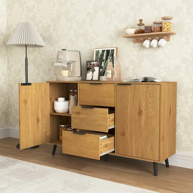 Gray & Natural Wood Sideboard Buffet Cabinet with 3 Drawers and 2 Doors