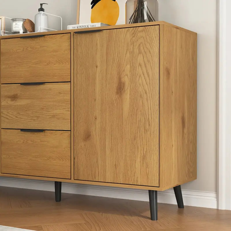 Gray & Natural Wood Sideboard Buffet Cabinet with 3 Drawers and 2 Doors