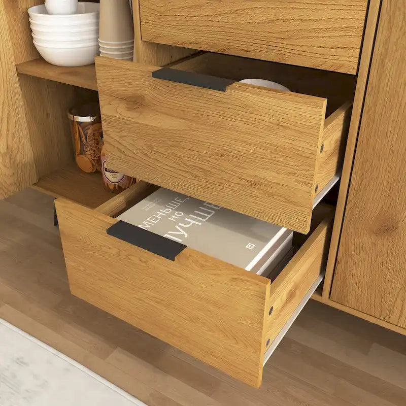 Gray & Natural Wood Sideboard Buffet Cabinet with 3 Drawers and 2 Doors