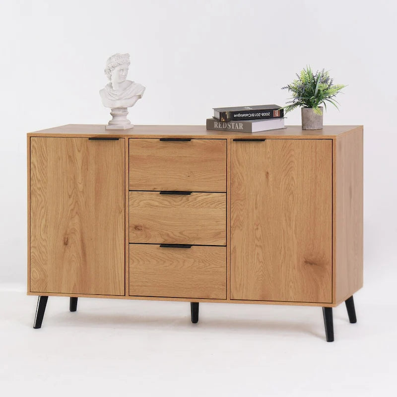 Gray & Natural Wood Sideboard Buffet Cabinet with 3 Drawers and 2 Doors