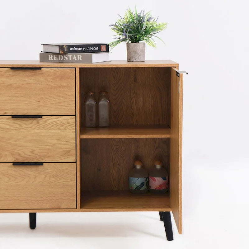 Gray & Natural Wood Sideboard Buffet Cabinet with 3 Drawers and 2 Doors