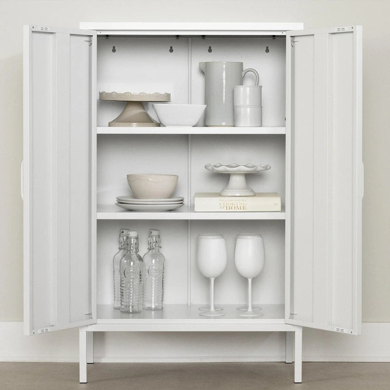 Pure White Two-Door Metal Storage Cabinet with Slim Handles and Adjustable Shelves