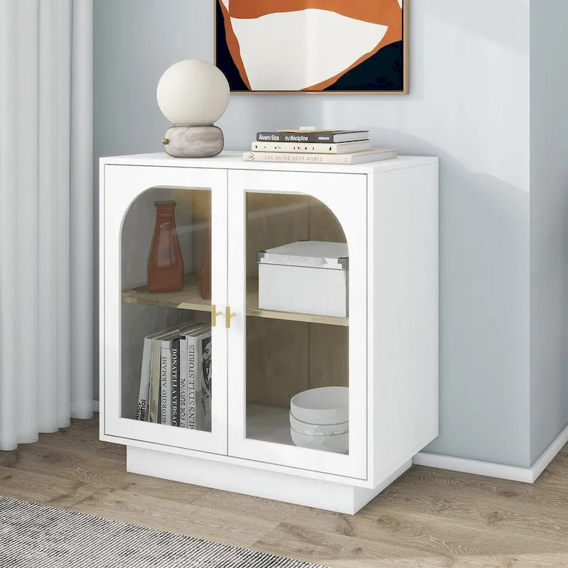Arched Glass Door Storage Cabinet with Adjustable Shelf and Gold Handles