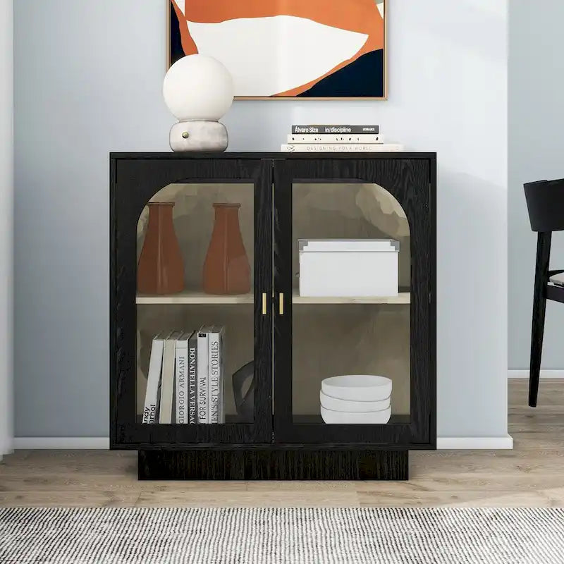 Arched Glass Door Storage Cabinet with Adjustable Shelf and Gold Handles