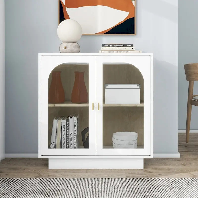 Arched Glass Door Storage Cabinet with Adjustable Shelf and Gold Handles
