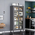 Grey Double Glass Door Floor Standing Kitchen Storage Cabinet with Wheels