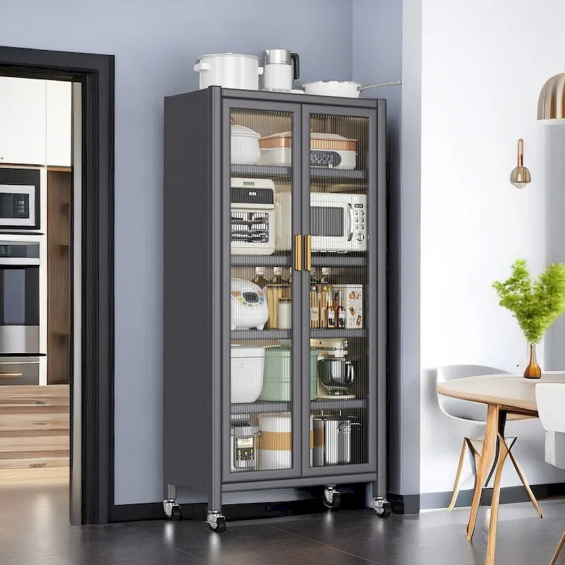 Grey Double Glass Door Floor Standing Kitchen Storage Cabinet with Wheels