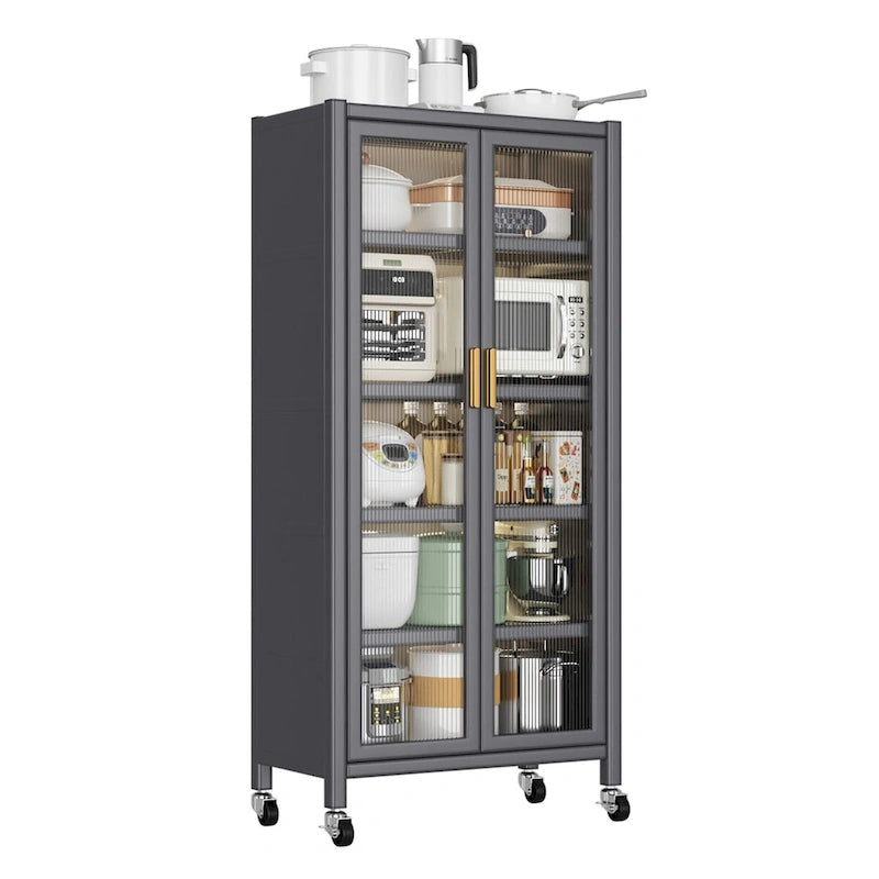 Grey Double Glass Door Floor Standing Kitchen Storage Cabinet with Wheels