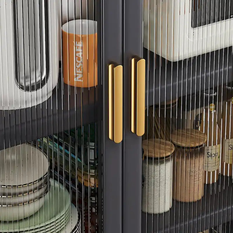 Grey Double Glass Door Floor Standing Kitchen Storage Cabinet with Wheels