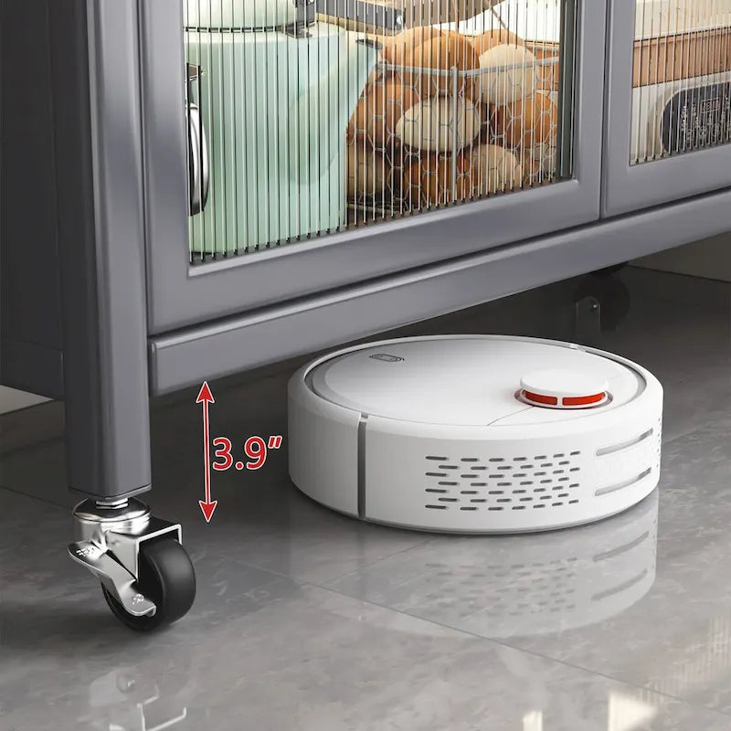 Grey Double Glass Door Floor Standing Kitchen Storage Cabinet with Wheels
