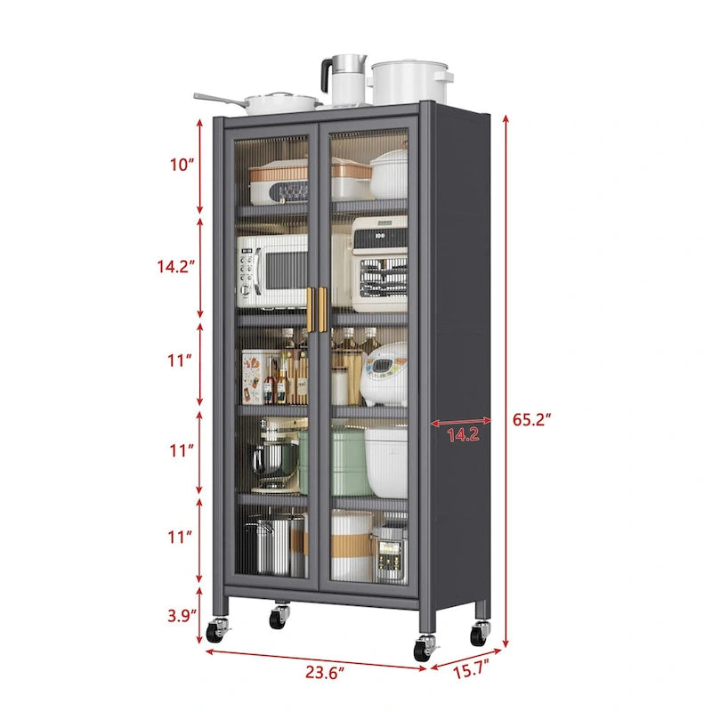 Grey Double Glass Door Floor Standing Kitchen Storage Cabinet with Wheels
