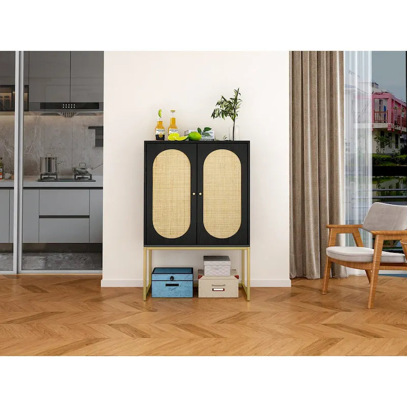 Rattan 2-Door Storage Cabinet with Adjustable Shelf and Metal Frame