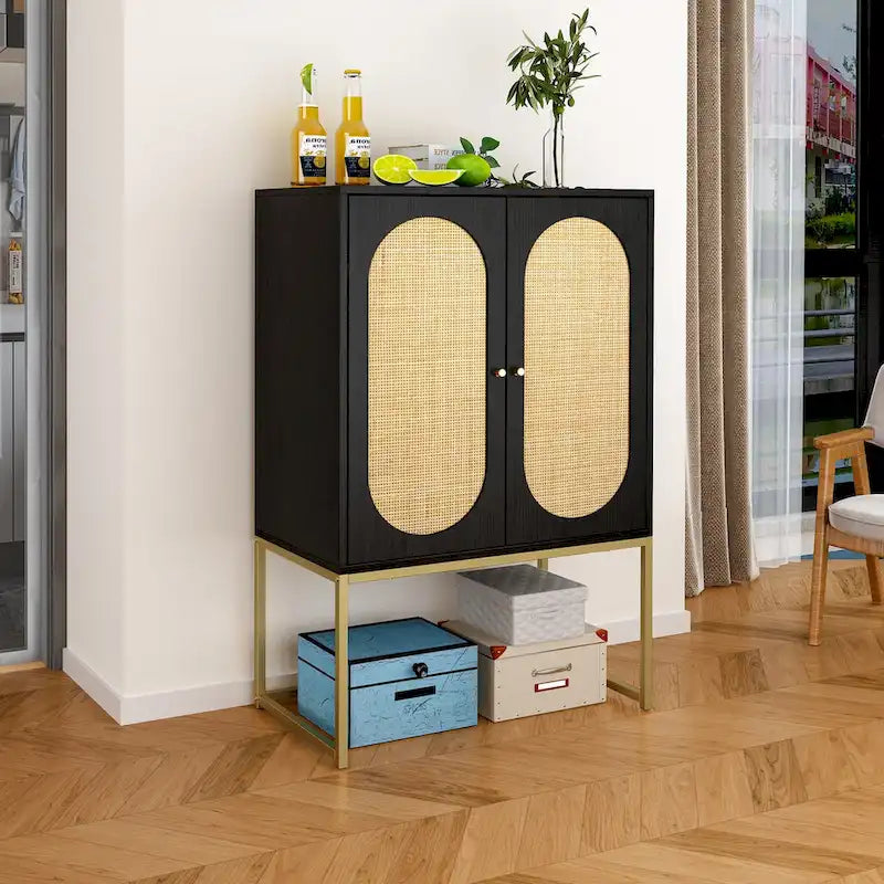 Rattan 2-Door Storage Cabinet with Adjustable Shelf and Metal Frame