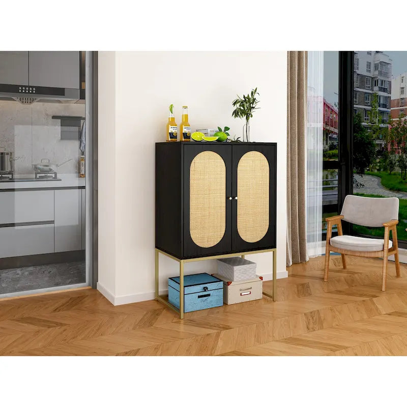 Rattan 2-Door Storage Cabinet with Adjustable Shelf and Metal Frame