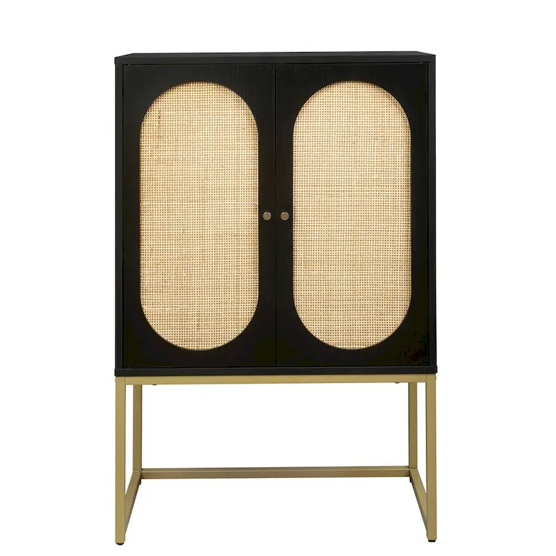 Rattan 2-Door Storage Cabinet with Adjustable Shelf and Metal Frame