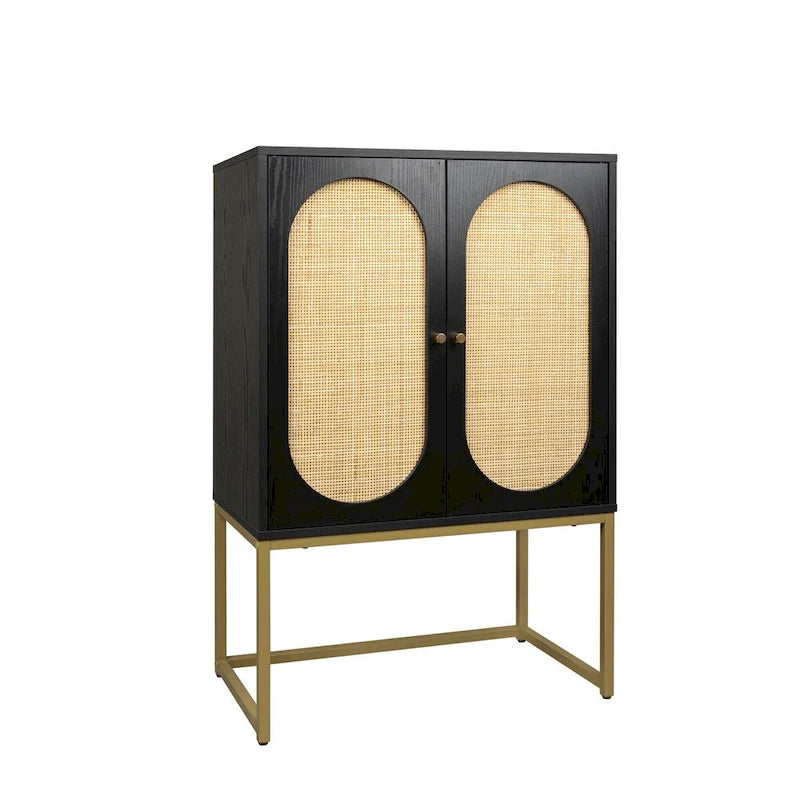 Rattan 2-Door Storage Cabinet with Adjustable Shelf and Metal Frame