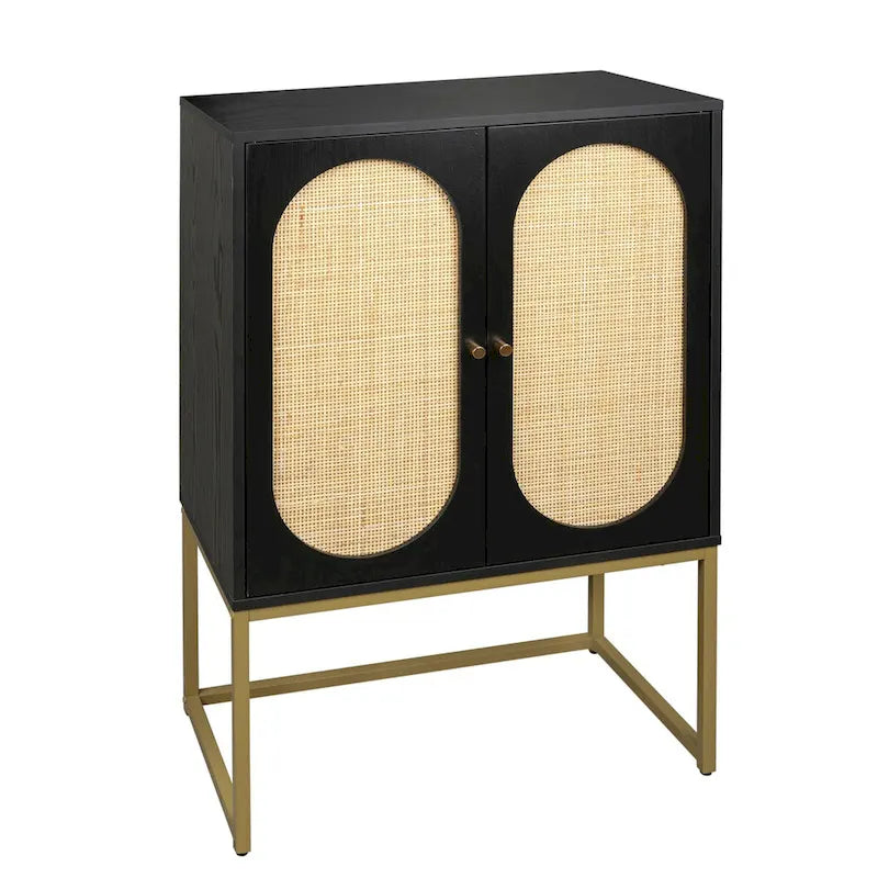 Rattan 2-Door Storage Cabinet with Adjustable Shelf and Metal Frame