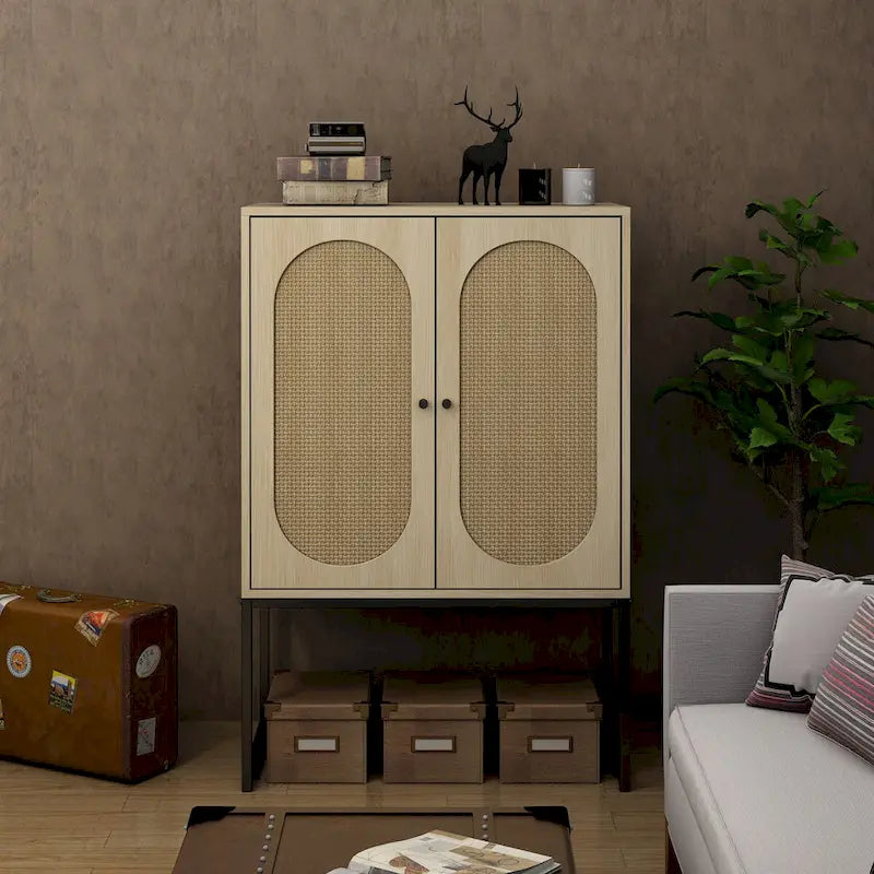 Rattan 2-Door Storage Cabinet with Adjustable Shelf and Metal Frame