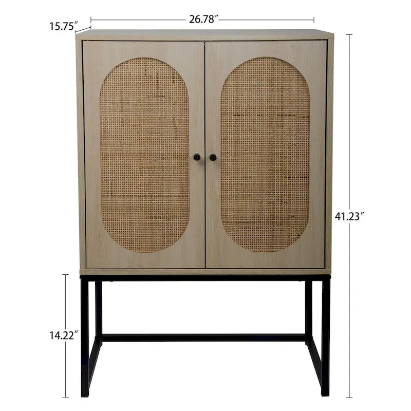Rattan 2-Door Storage Cabinet with Adjustable Shelf and Metal Frame