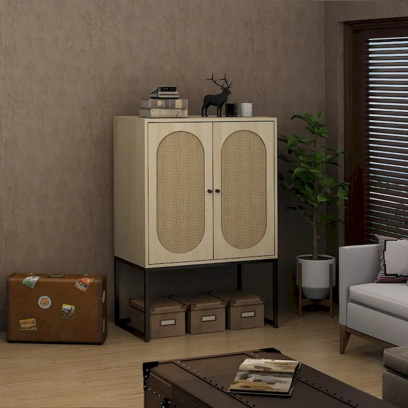 Rattan 2-Door Storage Cabinet with Adjustable Shelf and Metal Frame