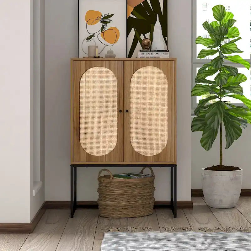 Rattan 2-Door Storage Cabinet with Adjustable Shelf and Metal Frame