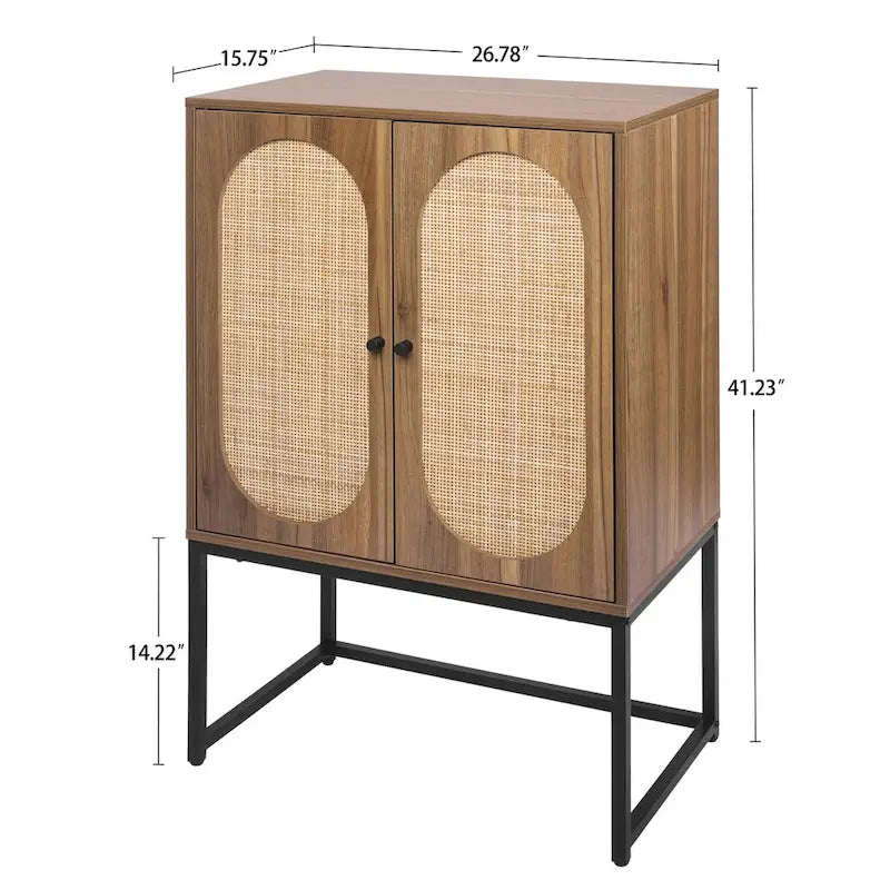 Rattan 2-Door Storage Cabinet with Adjustable Shelf and Metal Frame