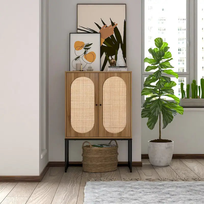 Rattan 2-Door Storage Cabinet with Adjustable Shelf and Metal Frame
