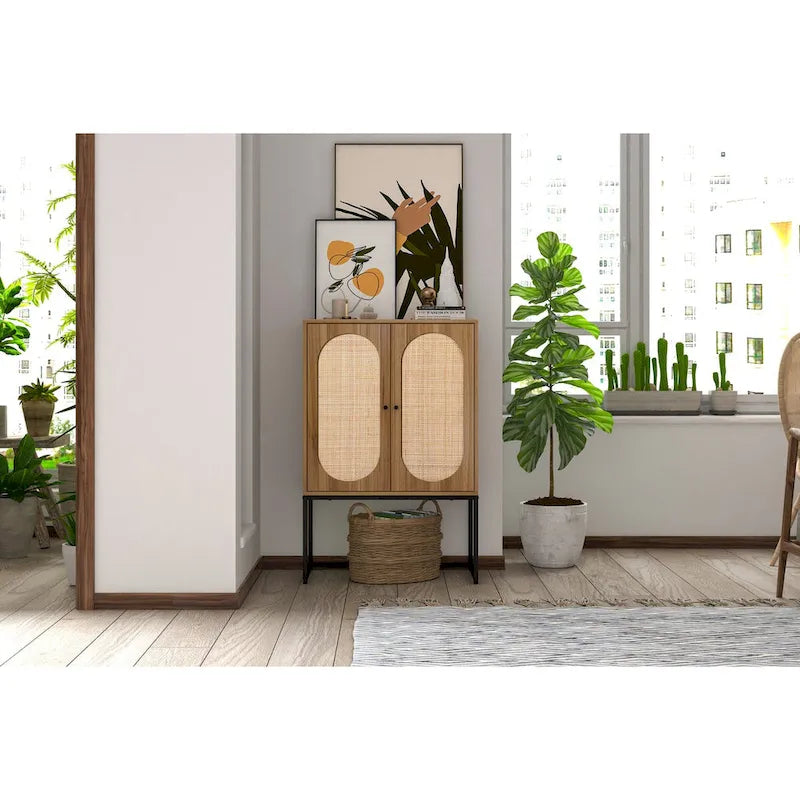 Rattan 2-Door Storage Cabinet with Adjustable Shelf and Metal Frame