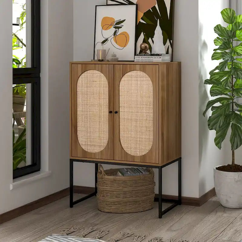 Rattan 2-Door Storage Cabinet with Adjustable Shelf and Metal Frame
