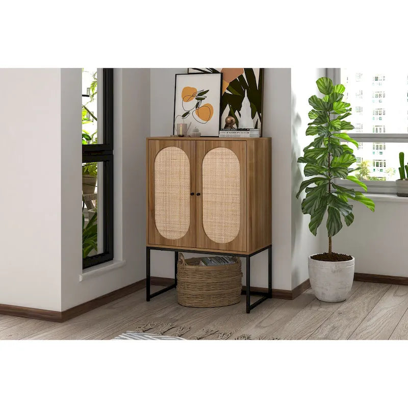 Rattan 2-Door Storage Cabinet with Adjustable Shelf and Metal Frame