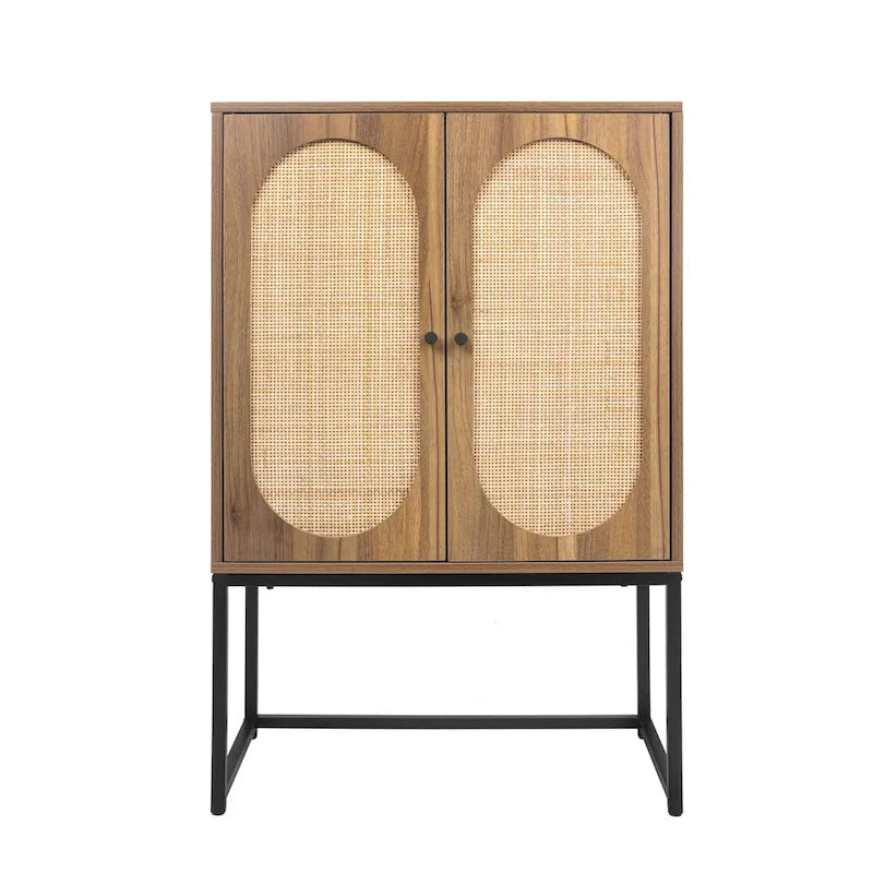 Rattan 2-Door Storage Cabinet with Adjustable Shelf and Metal Frame