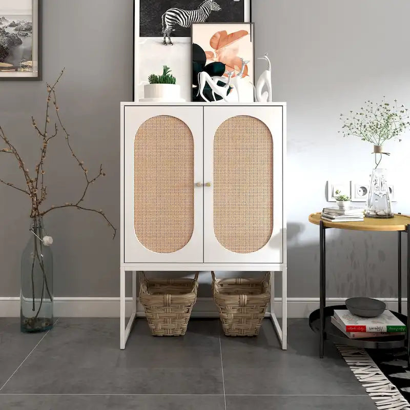 Rattan 2-Door Storage Cabinet with Adjustable Shelf and Metal Frame