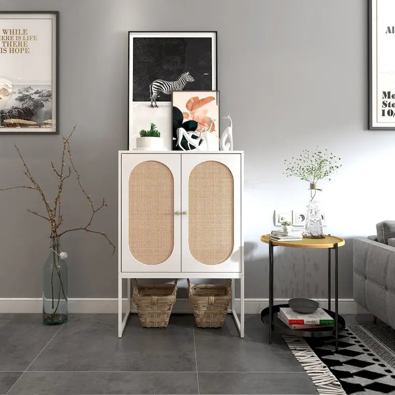 Rattan 2-Door Storage Cabinet with Adjustable Shelf and Metal Frame