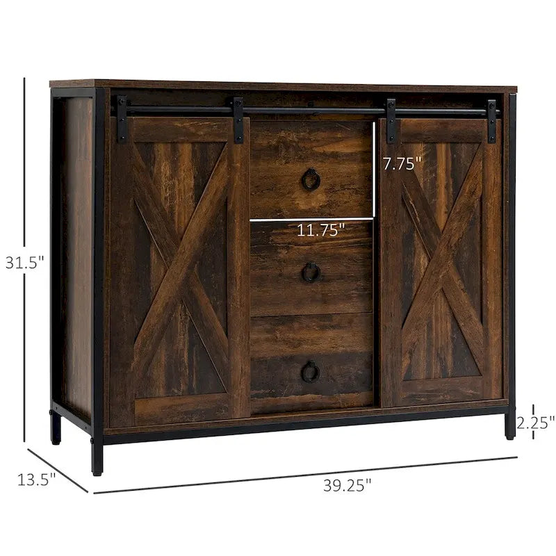 Rustic Brown Sliding Barn Door Buffet Cabinet with Adjustable Shelves and Drawers
