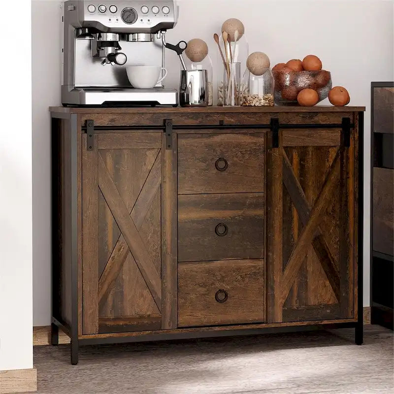 Rustic Brown Sliding Barn Door Buffet Cabinet with Adjustable Shelves and Drawers