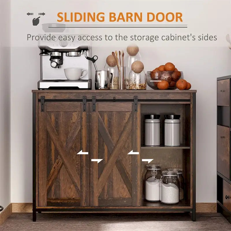 Rustic Brown Sliding Barn Door Buffet Cabinet with Adjustable Shelves and Drawers
