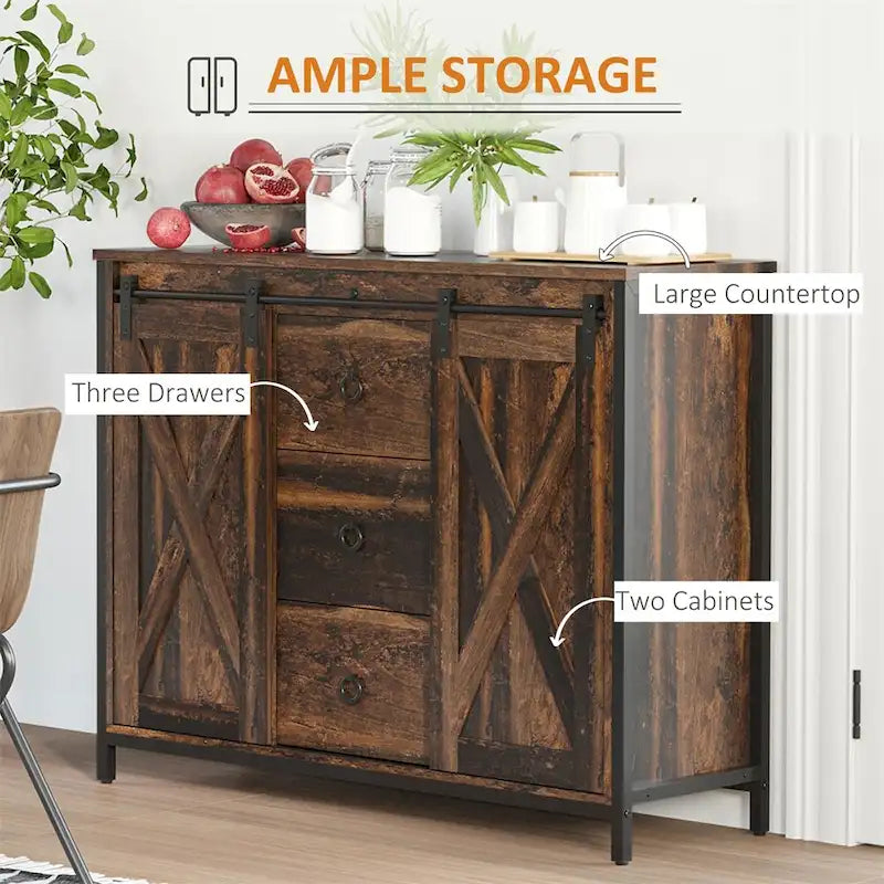 Rustic Brown Sliding Barn Door Buffet Cabinet with Adjustable Shelves and Drawers