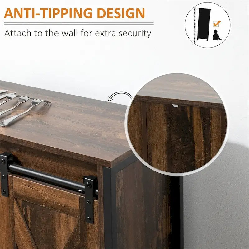 Rustic Brown Sliding Barn Door Buffet Cabinet with Adjustable Shelves and Drawers