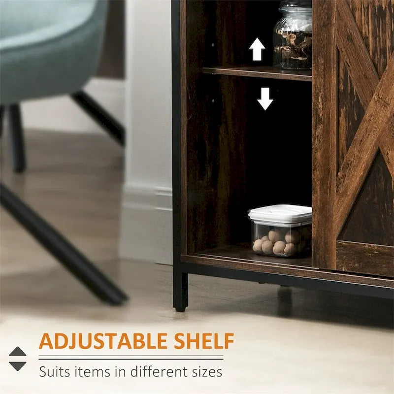 Rustic Brown Sliding Barn Door Buffet Cabinet with Adjustable Shelves and Drawers