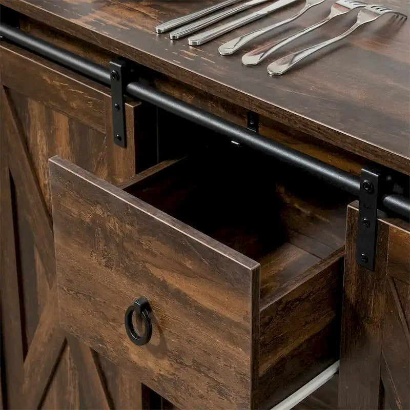 Rustic Brown Sliding Barn Door Buffet Cabinet with Adjustable Shelves and Drawers