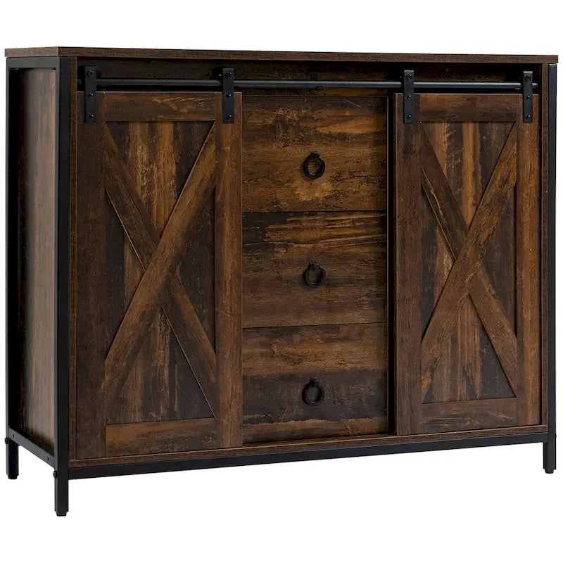 Rustic Brown Sliding Barn Door Buffet Cabinet with Adjustable Shelves and Drawers