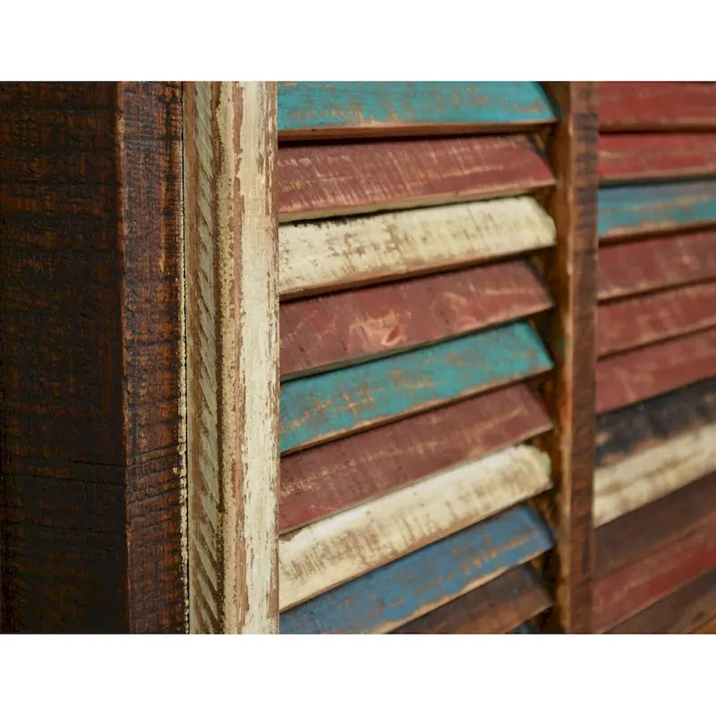 Rustic Distressed Solid Pine Wood Bar Cabinet with Colorful Shutter Doors and Wine Storage