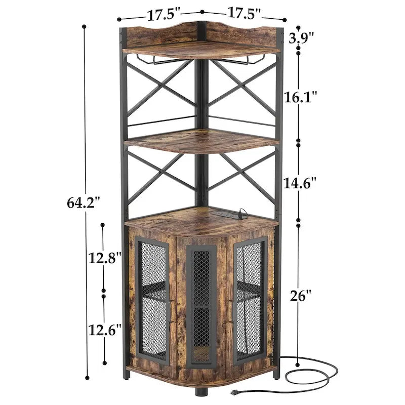 Brown Wood Corner Bar Cabinet with Wine Rack and Glass Shelves