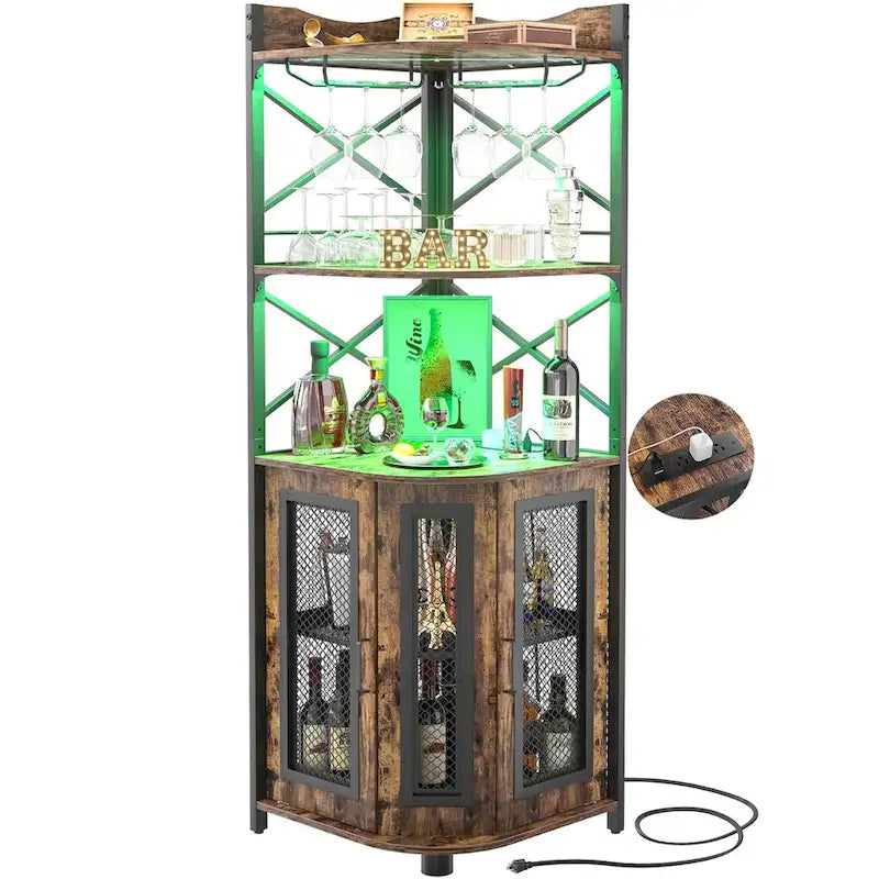 Brown Wood Corner Bar Cabinet with Wine Rack and Glass Shelves