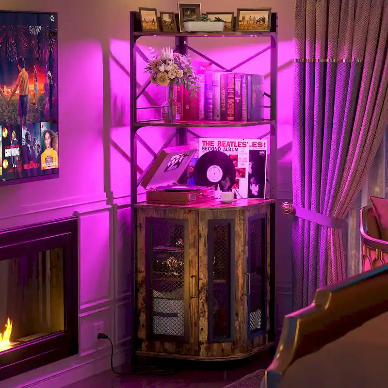 Brown Wood Corner Bar Cabinet with Wine Rack and Glass Shelves