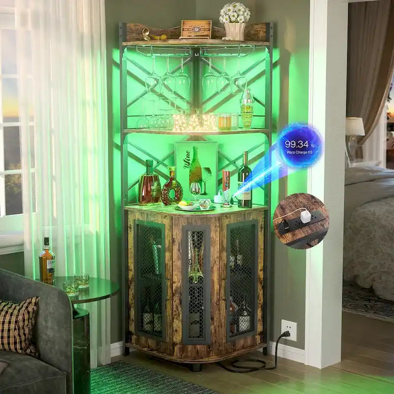 Brown Wood Corner Bar Cabinet with Wine Rack and Glass Shelves