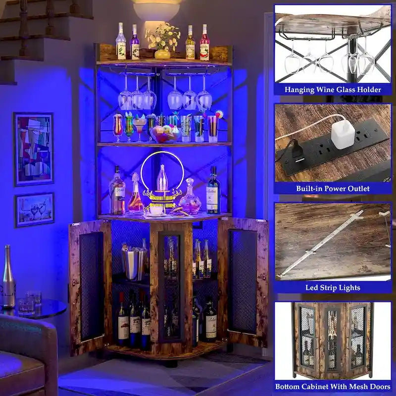 Brown Wood Corner Bar Cabinet with Wine Rack and Glass Shelves