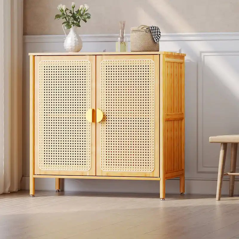 Natural Bamboo Rattan 2-Door Sideboard Storage Cabinet with Adjustable Shelves